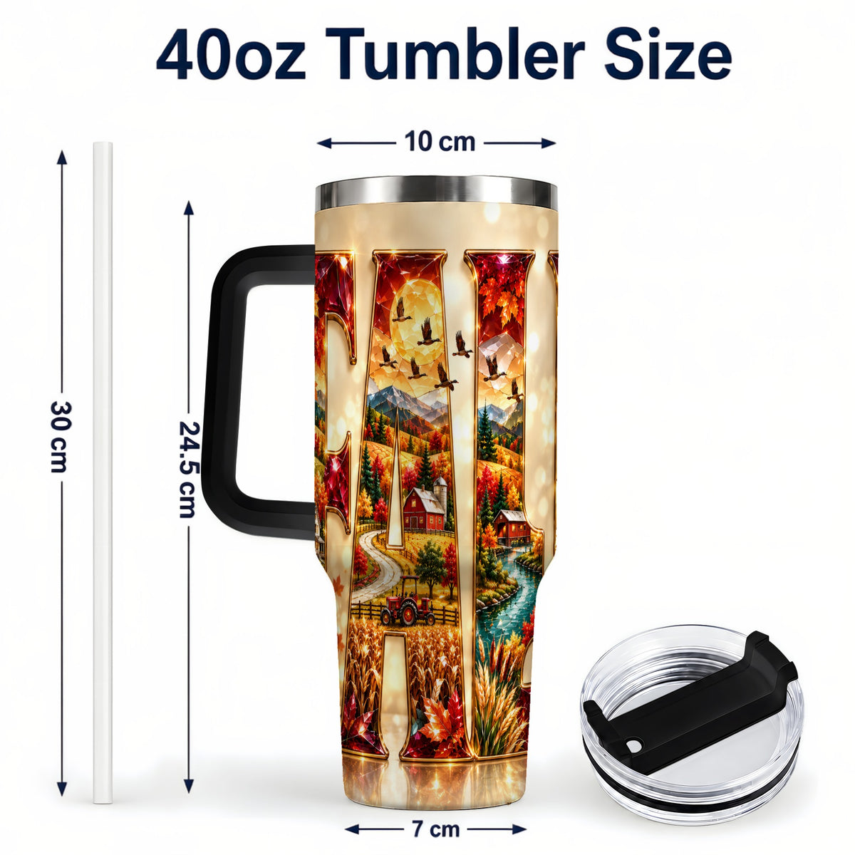 #pl[40oz|Black] Autumn Farm 40oz Tumbler with Handle, Fall Landscape Travel Cup