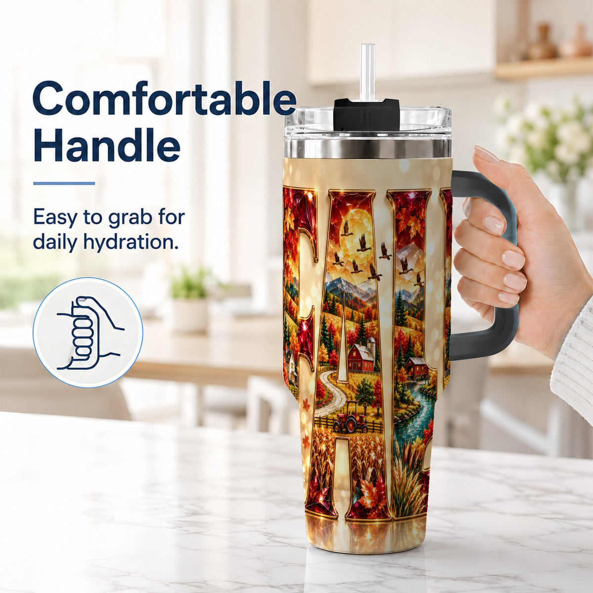 #pl[40oz|Black] Autumn Farm 40oz Tumbler with Handle, Fall Landscape Travel Cup