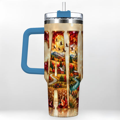 #pl[40oz|Blue] Autumn Farm 40oz Tumbler with Handle, Fall Landscape Travel Cup