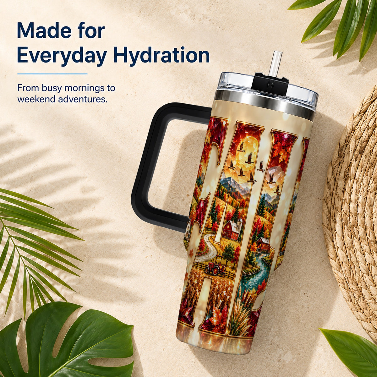 #pl[40oz|Black] Autumn Farm 40oz Tumbler with Handle, Fall Landscape Travel Cup