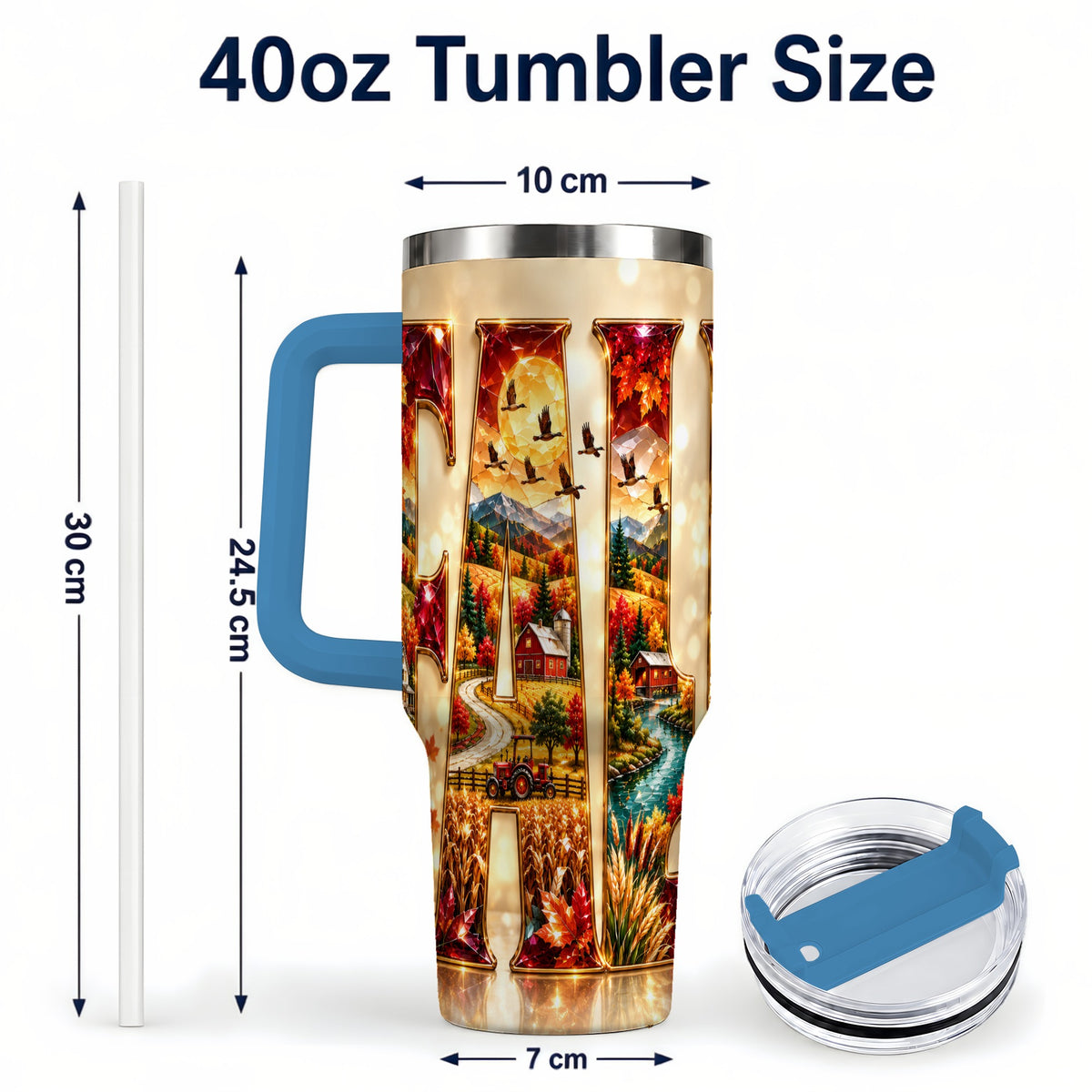 #pl[40oz|Blue] Autumn Farm 40oz Tumbler with Handle, Fall Landscape Travel Cup