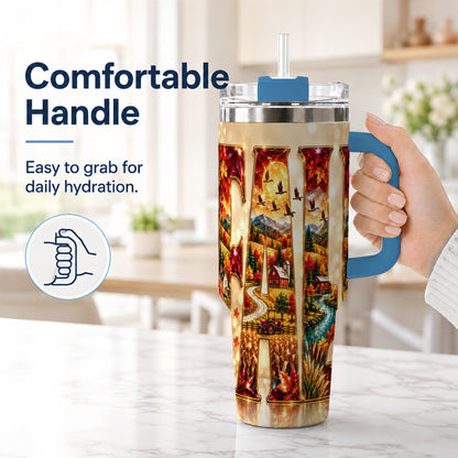 #pl[40oz|Blue] Autumn Farm 40oz Tumbler with Handle, Fall Landscape Travel Cup