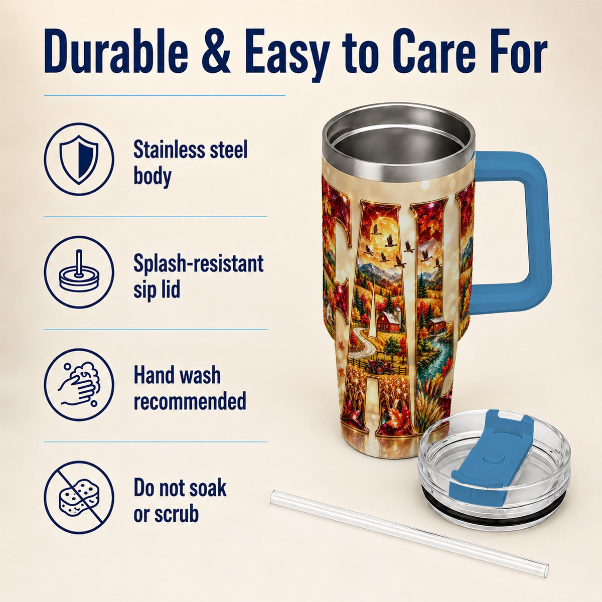 #pl[40oz|Blue] Autumn Farm 40oz Tumbler with Handle, Fall Landscape Travel Cup