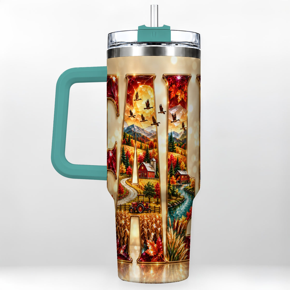 #pl[40oz|Green] Autumn Farm 40oz Tumbler with Handle, Fall Landscape Travel Cup
