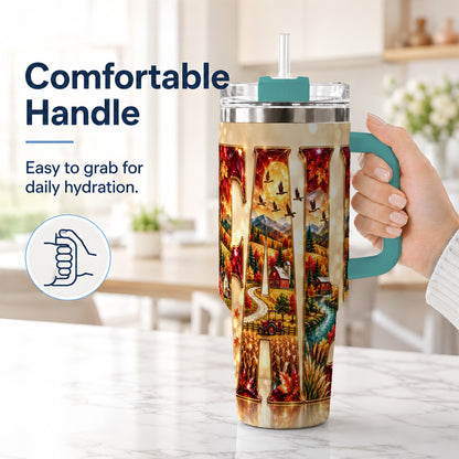 #pl[40oz|Green] Autumn Farm 40oz Tumbler with Handle, Fall Landscape Travel Cup