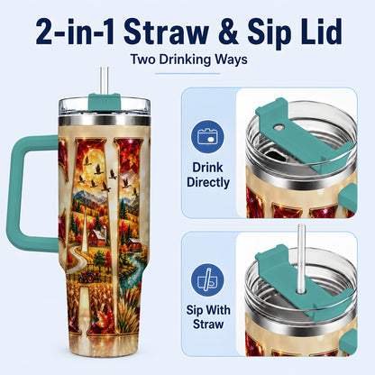 #pl[40oz|Green] Autumn Farm 40oz Tumbler with Handle, Fall Landscape Travel Cup