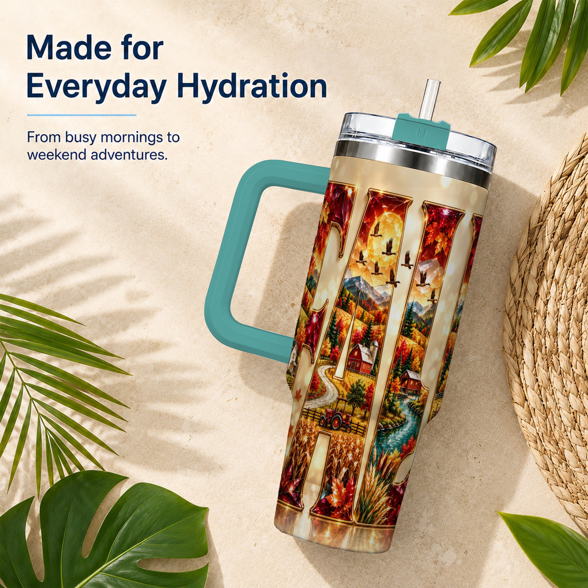 #pl[40oz|Green] Autumn Farm 40oz Tumbler with Handle, Fall Landscape Travel Cup