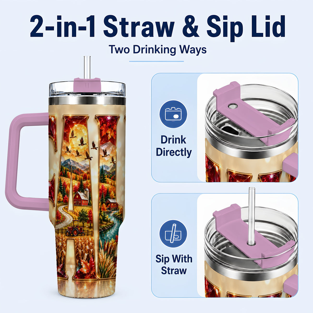 #pl[40oz|Pink] Autumn Farm 40oz Tumbler with Handle, Fall Landscape Travel Cup