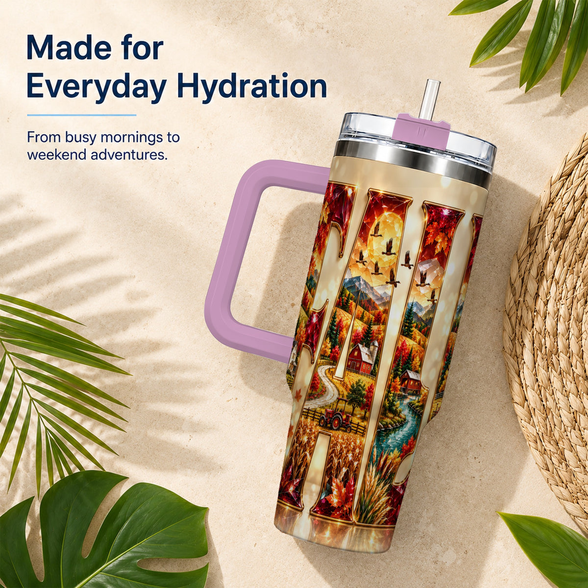 #pl[40oz|Pink] Autumn Farm 40oz Tumbler with Handle, Fall Landscape Travel Cup