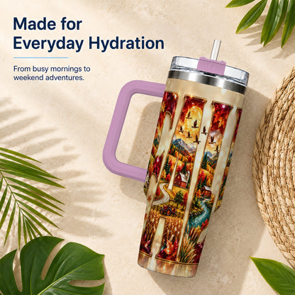 #pl[40oz|Pink] Autumn Farm 40oz Tumbler with Handle, Fall Landscape Travel Cup