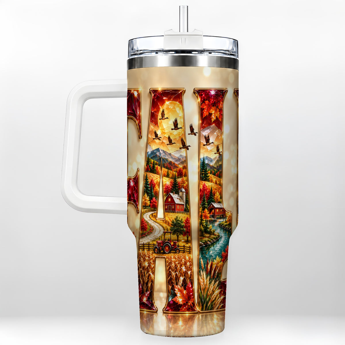 Autumn Farm 40oz Tumbler with Handle, Fall Landscape Travel Cup