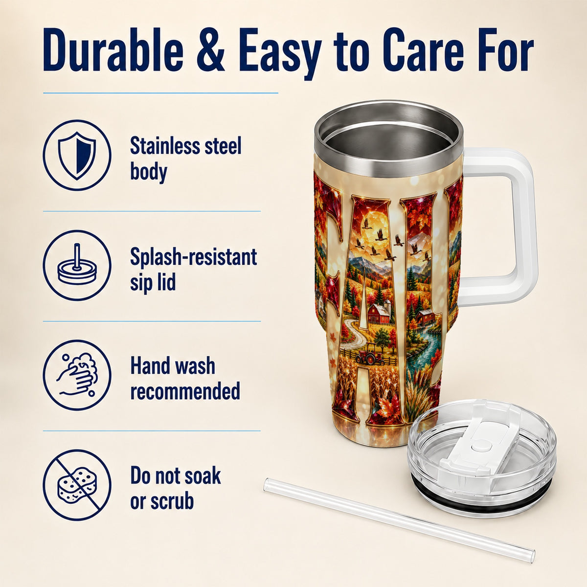 #pl[40oz|White] Autumn Farm 40oz Tumbler with Handle, Fall Landscape Travel Cup