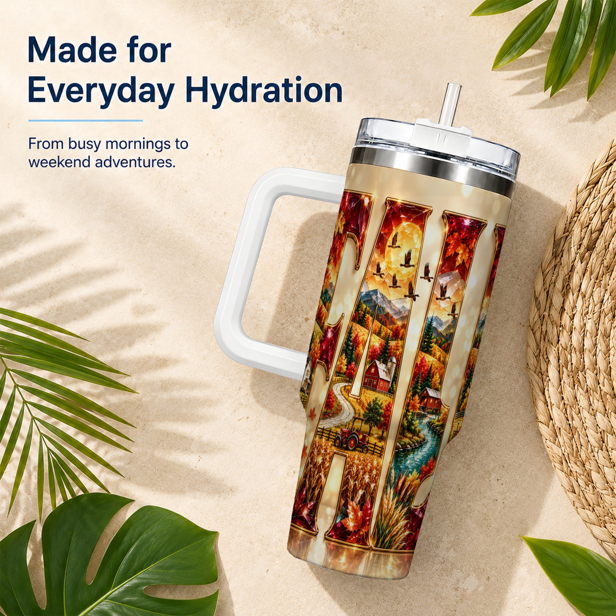 #pl[40oz|White] Autumn Farm 40oz Tumbler with Handle, Fall Landscape Travel Cup