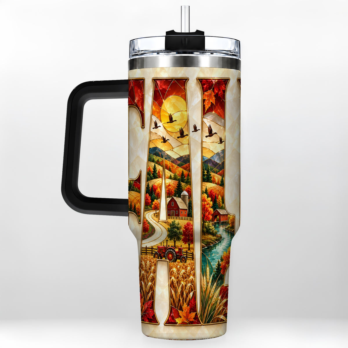 #pl[40oz|Black] Fall Countryside 40oz Tumbler with Handle, Autumn Farm Travel Cup