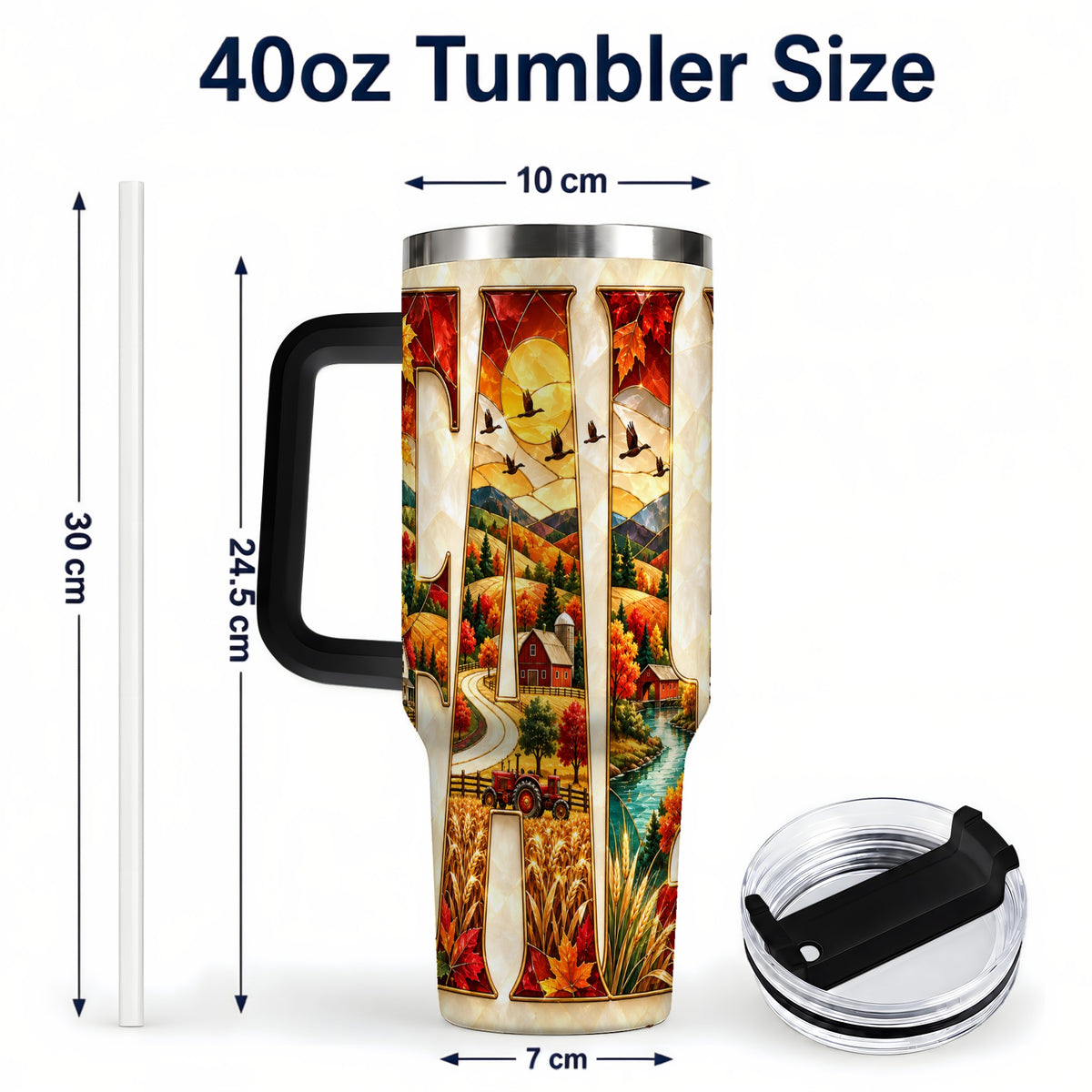 #pl[40oz|Black] Fall Countryside 40oz Tumbler with Handle, Autumn Farm Travel Cup