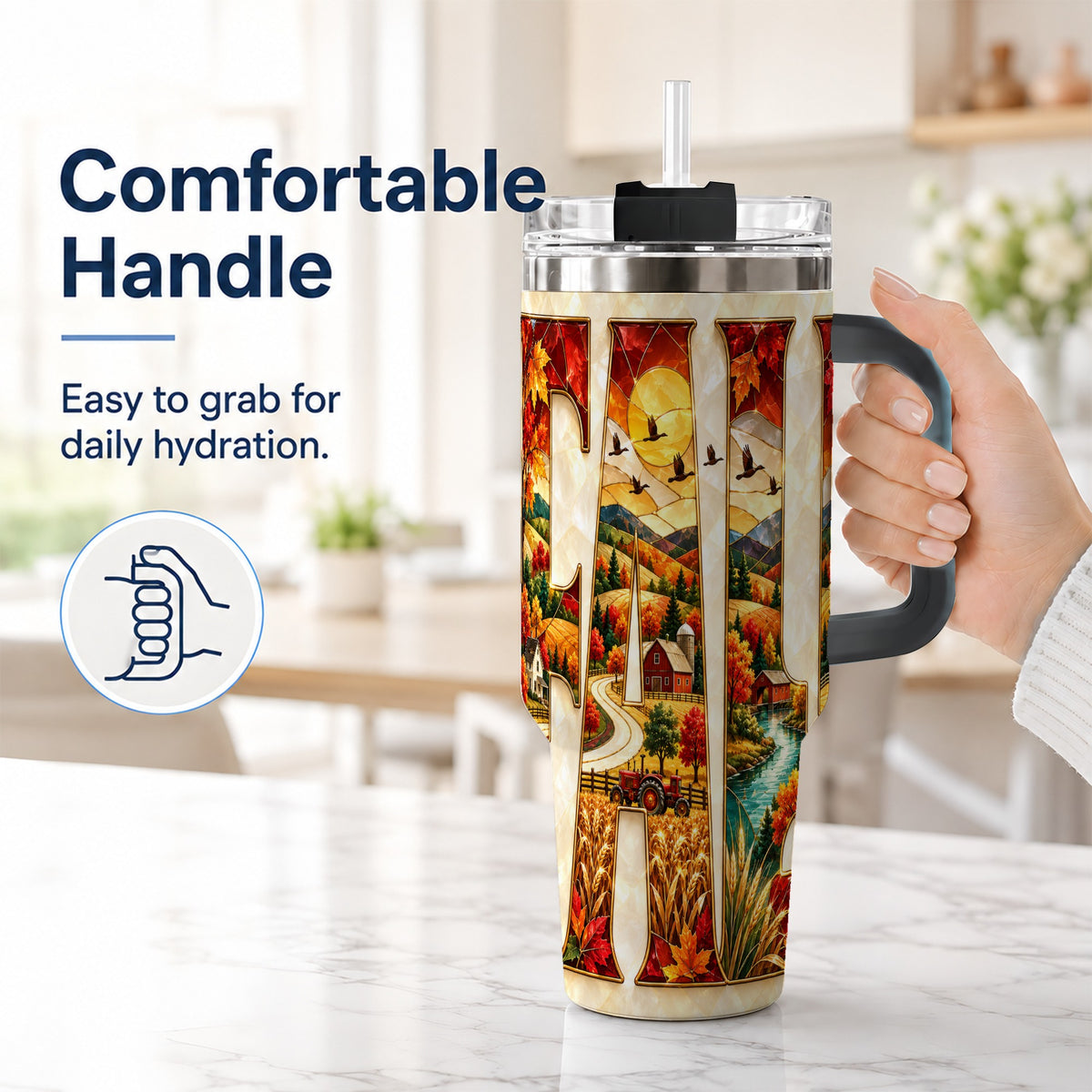 #pl[40oz|Black] Fall Countryside 40oz Tumbler with Handle, Autumn Farm Travel Cup