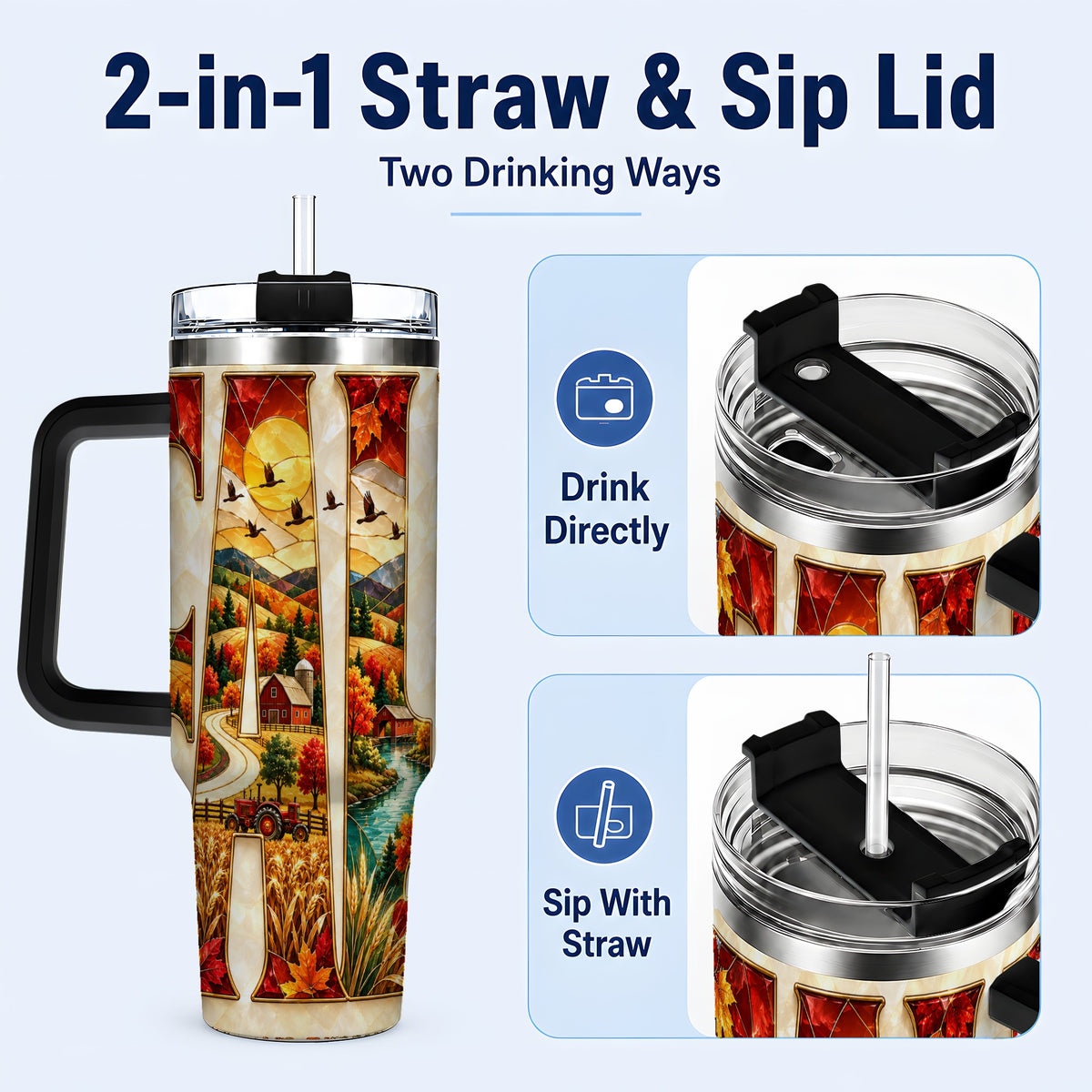 #pl[40oz|Black] Fall Countryside 40oz Tumbler with Handle, Autumn Farm Travel Cup