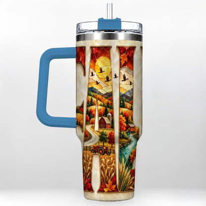 #pl[40oz|Blue] Fall Countryside 40oz Tumbler with Handle, Autumn Farm Travel Cup