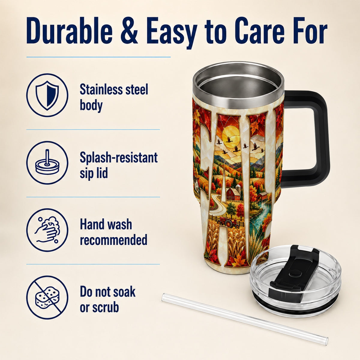 #pl[40oz|Black] Fall Countryside 40oz Tumbler with Handle, Autumn Farm Travel Cup