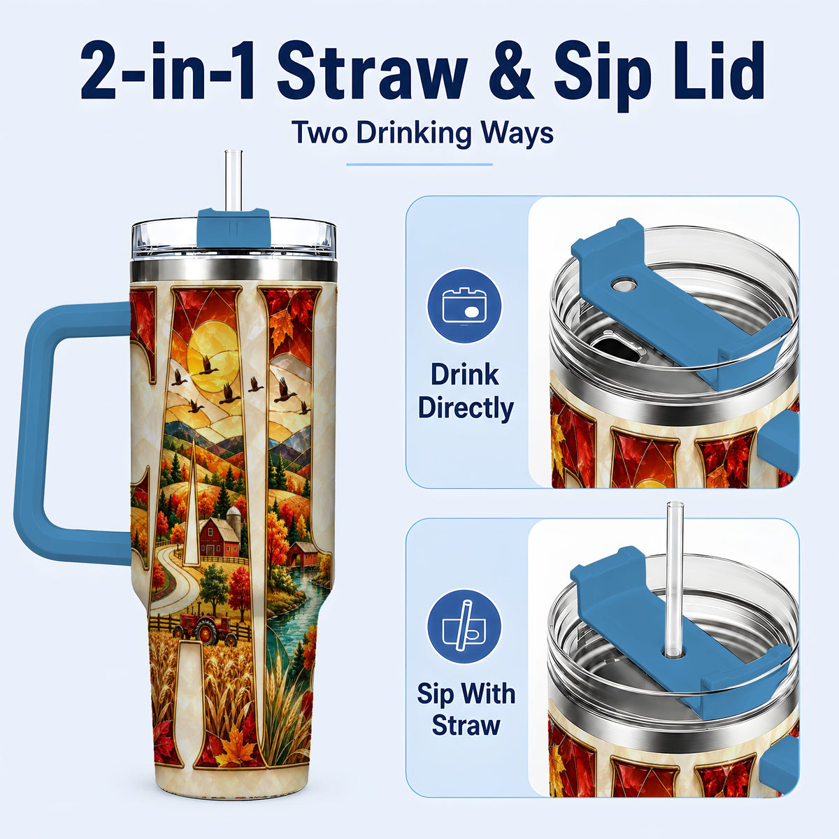 #pl[40oz|Blue] Fall Countryside 40oz Tumbler with Handle, Autumn Farm Travel Cup