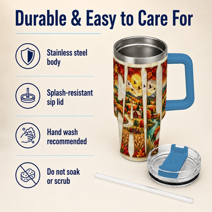#pl[40oz|Blue] Fall Countryside 40oz Tumbler with Handle, Autumn Farm Travel Cup