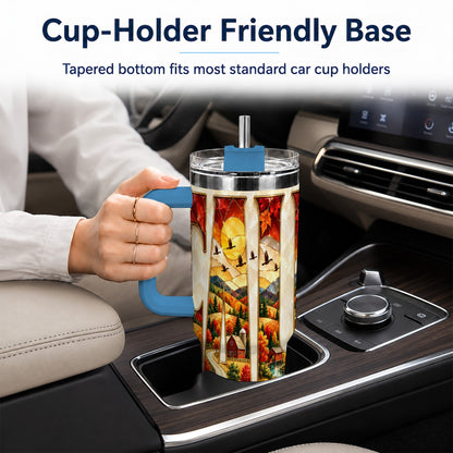 #pl[40oz|Blue] Fall Countryside 40oz Tumbler with Handle, Autumn Farm Travel Cup