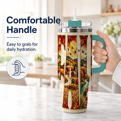 #pl[40oz|Green] Fall Countryside 40oz Tumbler with Handle, Autumn Farm Travel Cup