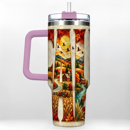 #pl[40oz|Pink] Fall Countryside 40oz Tumbler with Handle, Autumn Farm Travel Cup