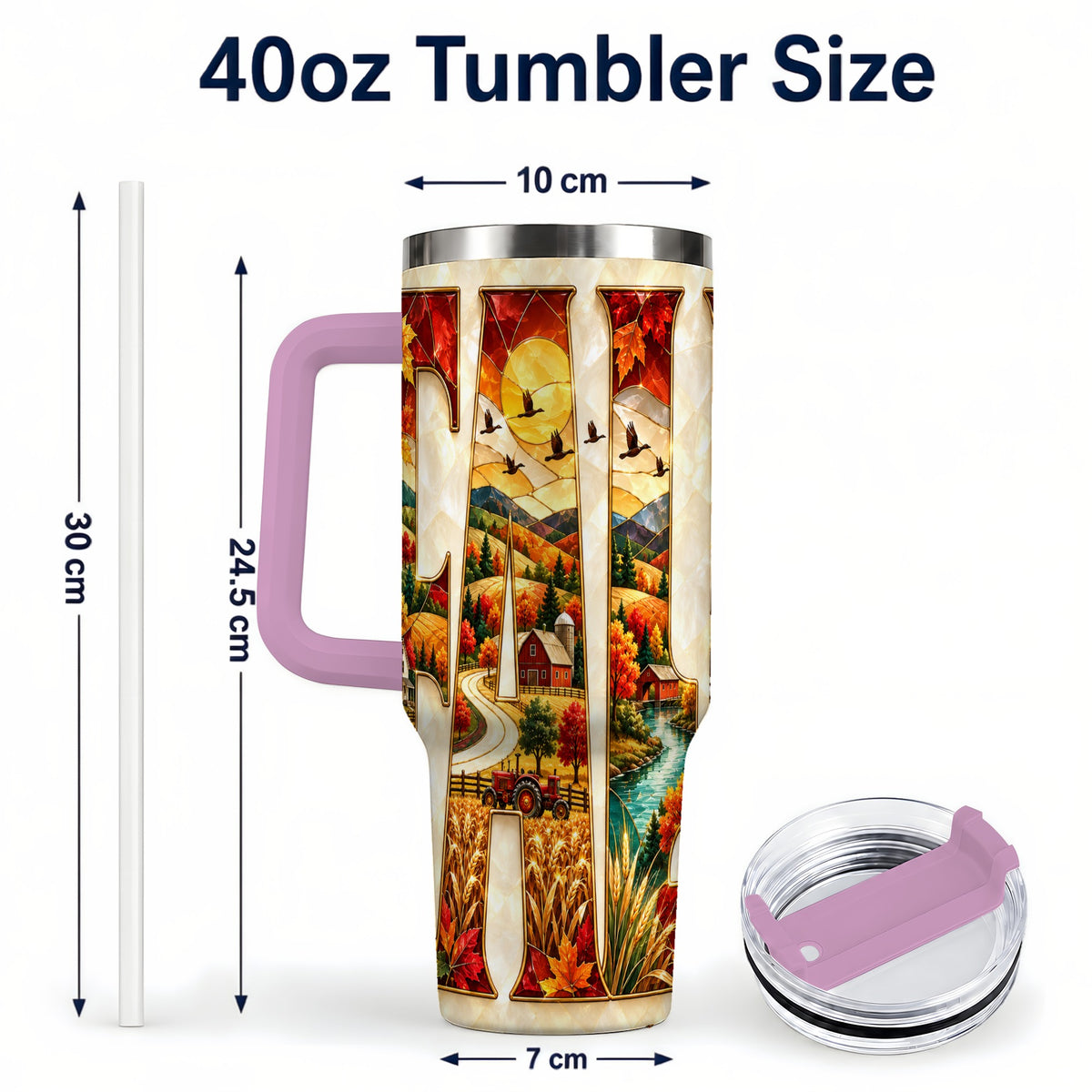 #pl[40oz|Pink] Fall Countryside 40oz Tumbler with Handle, Autumn Farm Travel Cup