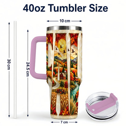 #pl[40oz|Pink] Fall Countryside 40oz Tumbler with Handle, Autumn Farm Travel Cup