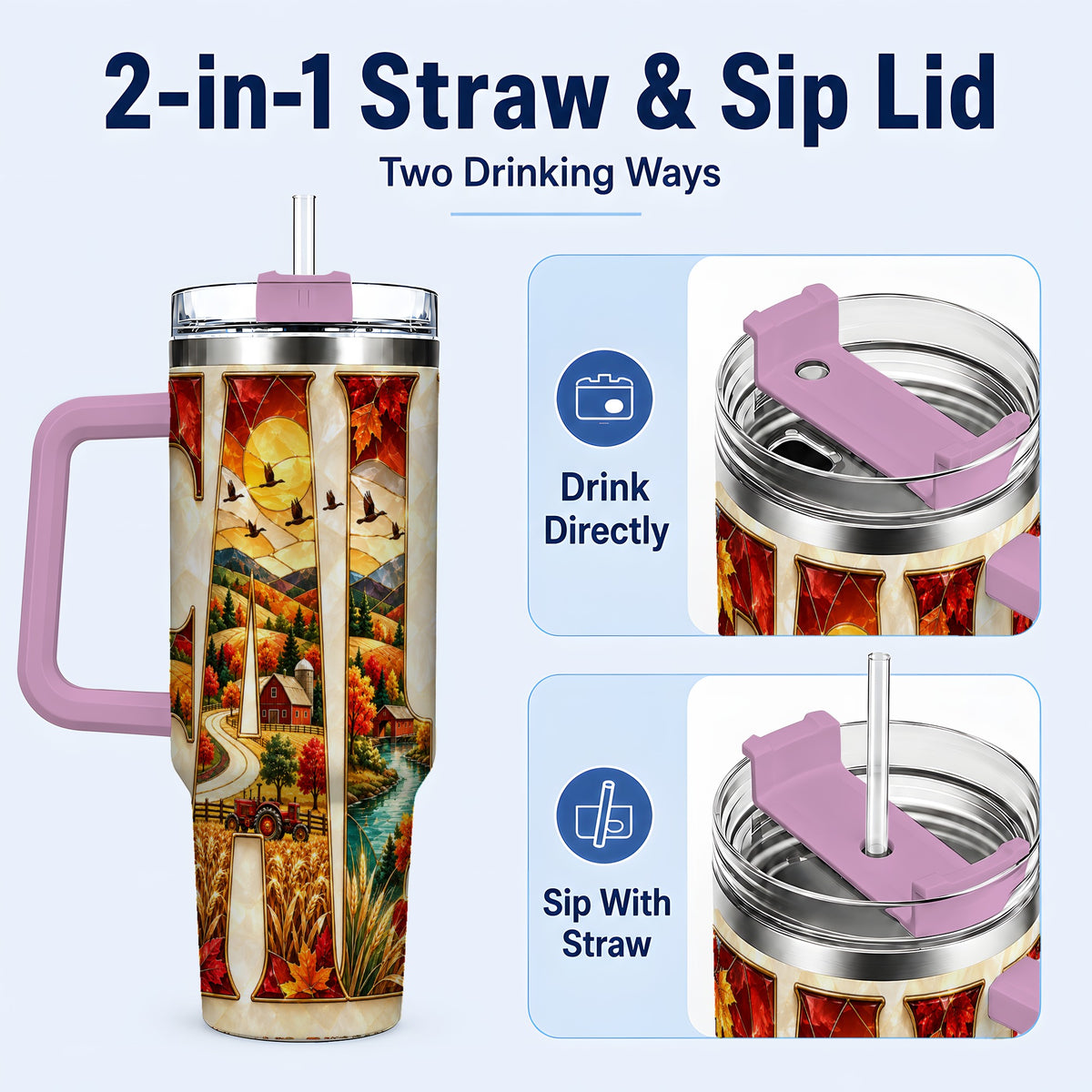 #pl[40oz|Pink] Fall Countryside 40oz Tumbler with Handle, Autumn Farm Travel Cup