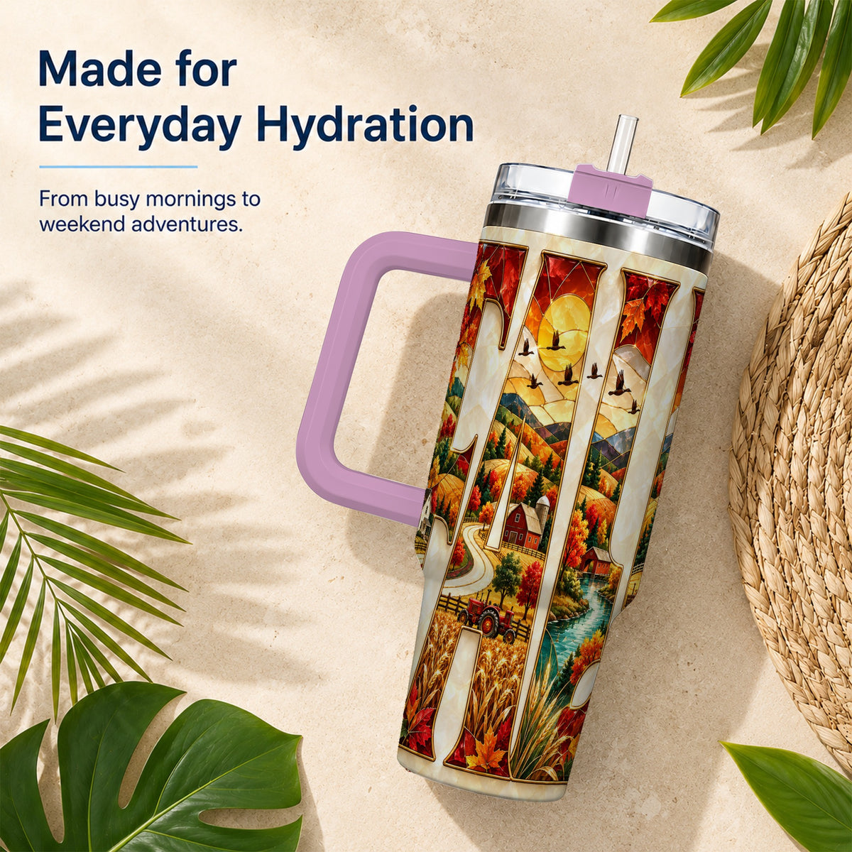 #pl[40oz|Pink] Fall Countryside 40oz Tumbler with Handle, Autumn Farm Travel Cup