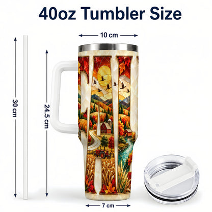 #pl[40oz|White] Fall Countryside 40oz Tumbler with Handle, Autumn Farm Travel Cup