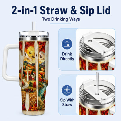 #pl[40oz|White] Fall Countryside 40oz Tumbler with Handle, Autumn Farm Travel Cup