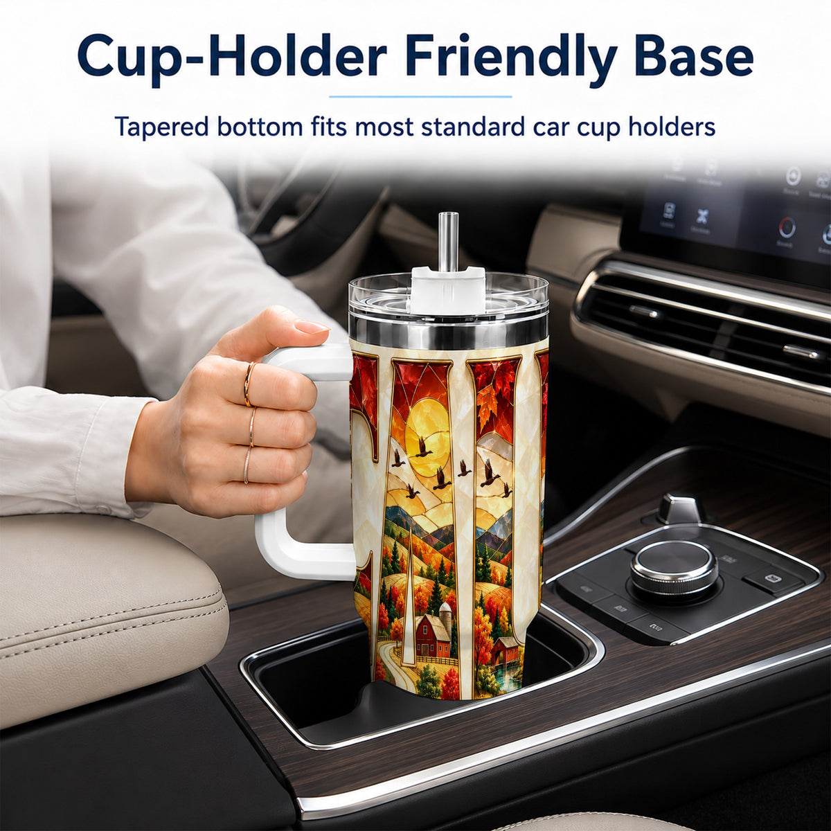 #pl[40oz|White] Fall Countryside 40oz Tumbler with Handle, Autumn Farm Travel Cup