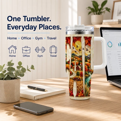 #pl[40oz|White] Fall Countryside 40oz Tumbler with Handle, Autumn Farm Travel Cup