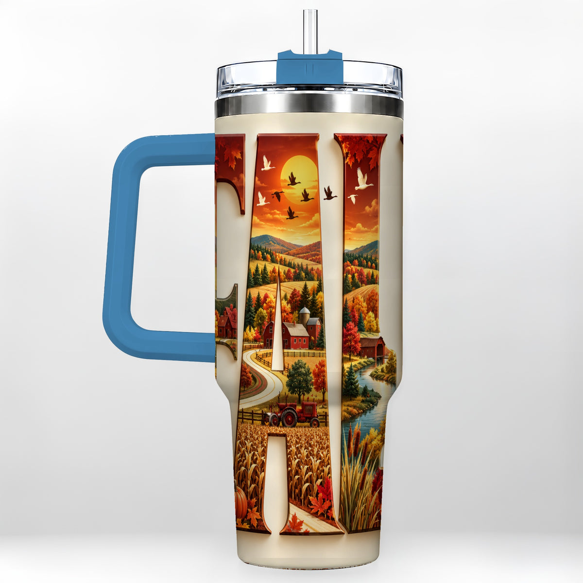 #pl[40oz|Blue] Autumn Farm 40oz Tumbler with Handle, Harvest Stainless Steel Travel Cup