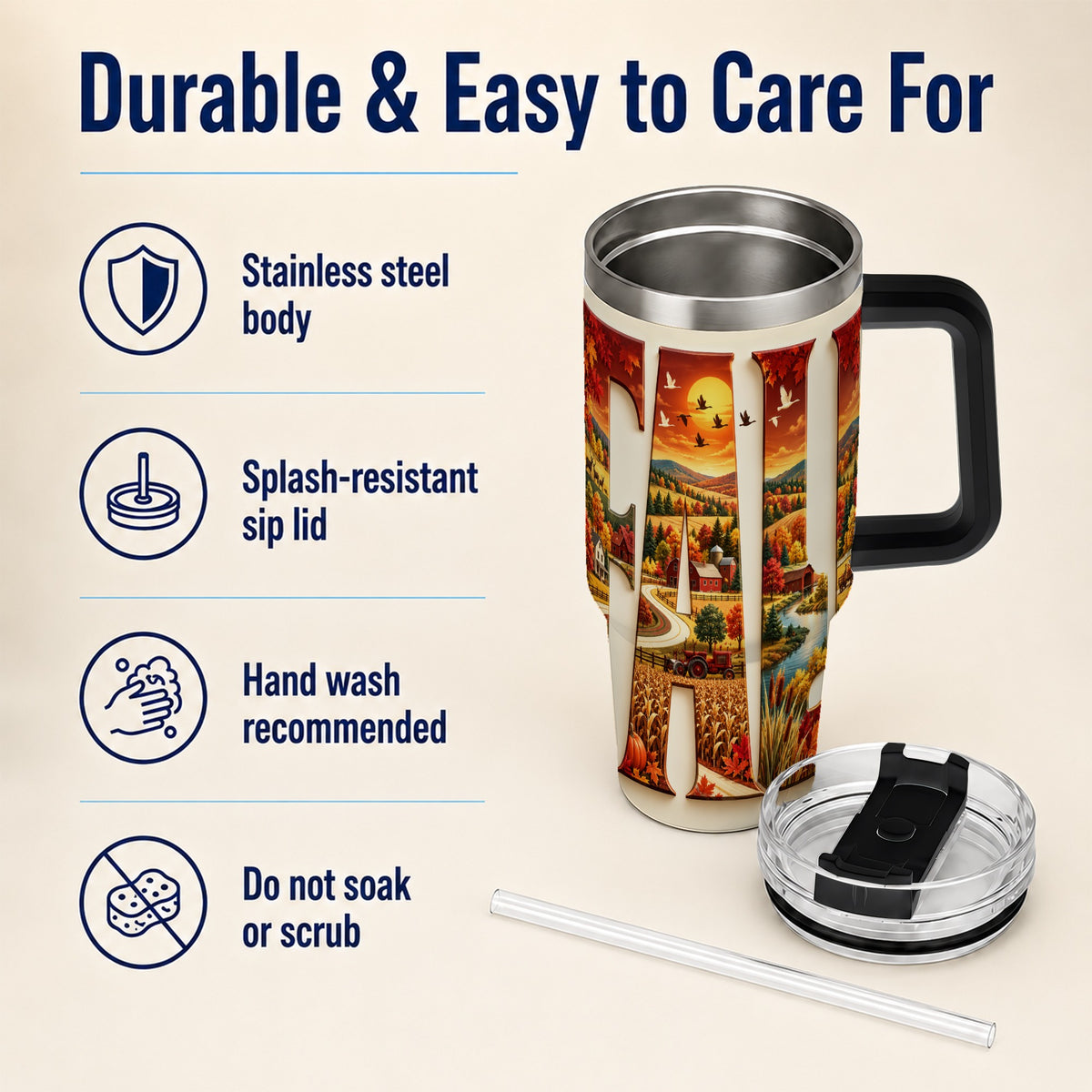 #pl[40oz|Black] Autumn Farm 40oz Tumbler with Handle, Harvest Stainless Steel Travel Cup