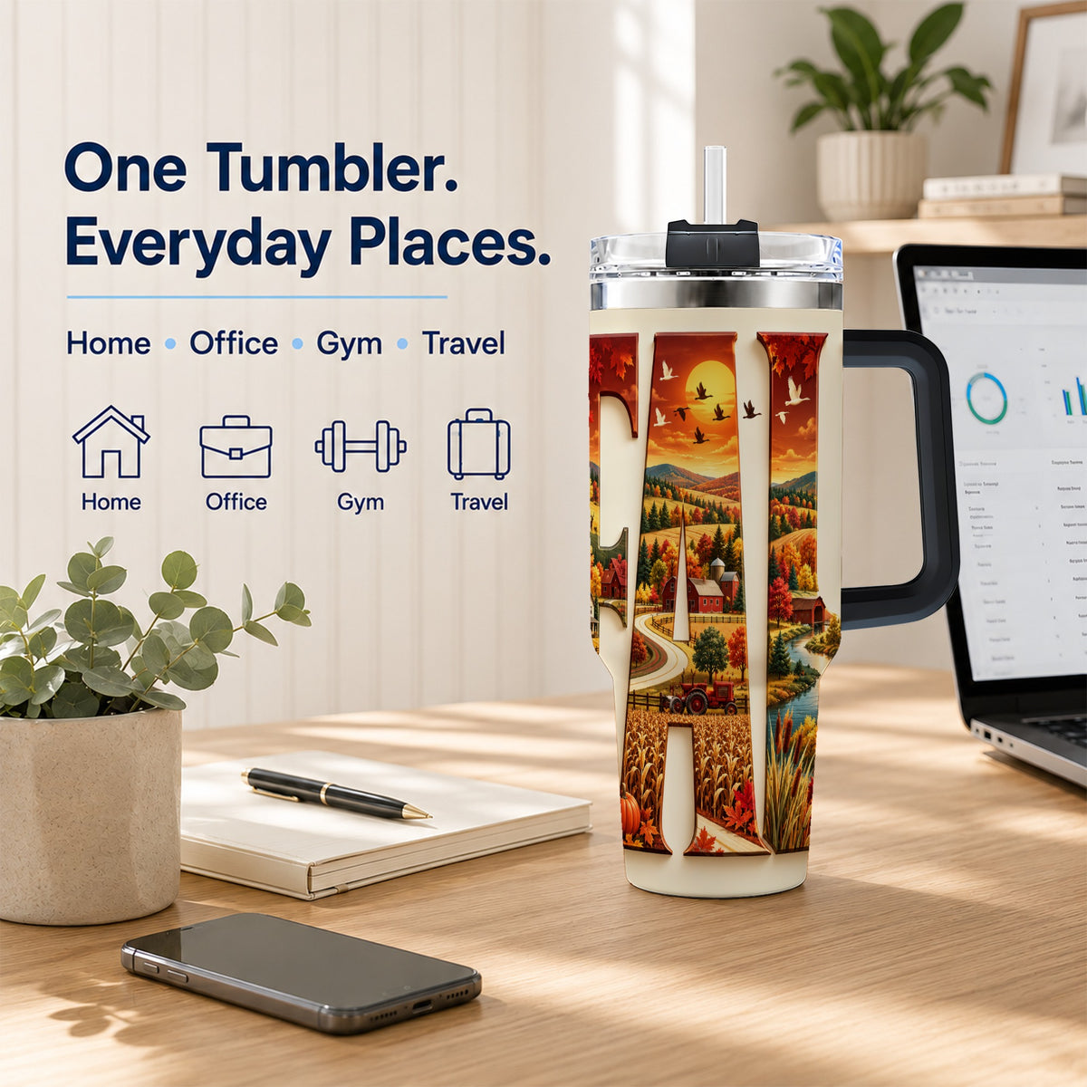 #pl[40oz|Black] Autumn Farm 40oz Tumbler with Handle, Harvest Stainless Steel Travel Cup