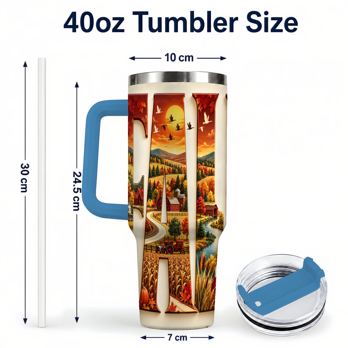 #pl[40oz|Blue] Autumn Farm 40oz Tumbler with Handle, Harvest Stainless Steel Travel Cup