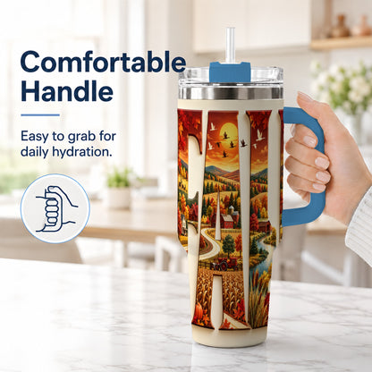 #pl[40oz|Blue] Autumn Farm 40oz Tumbler with Handle, Harvest Stainless Steel Travel Cup
