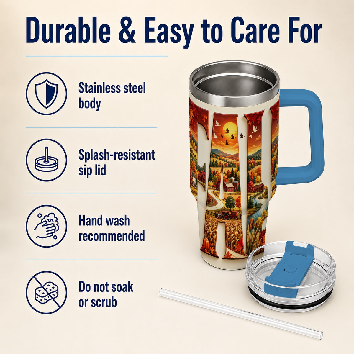 #pl[40oz|Blue] Autumn Farm 40oz Tumbler with Handle, Harvest Stainless Steel Travel Cup