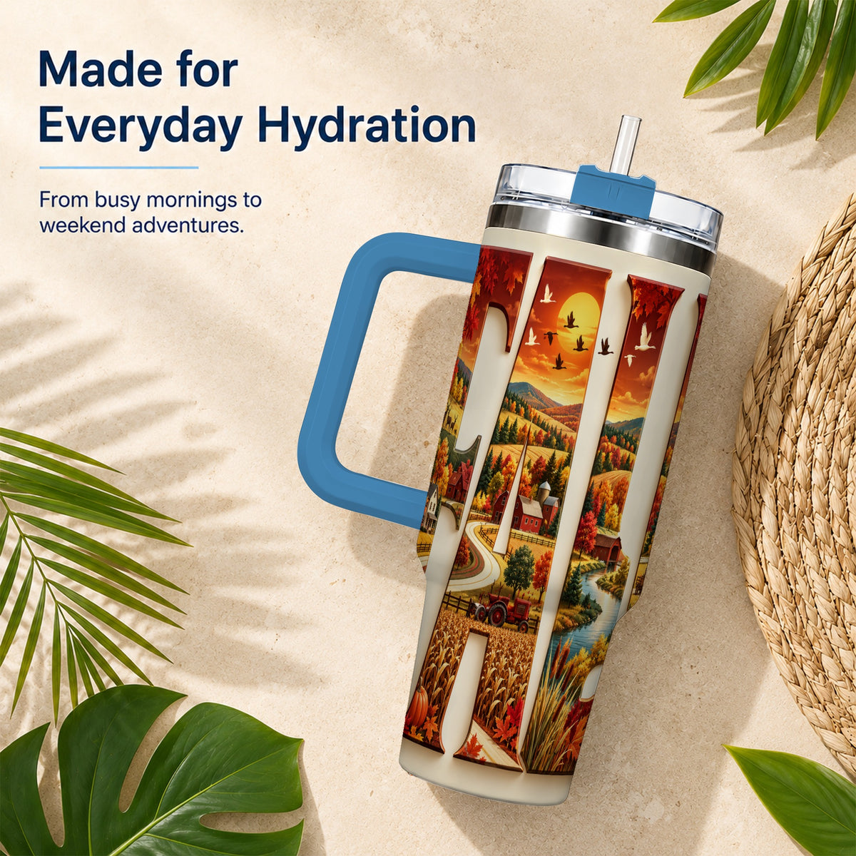 #pl[40oz|Blue] Autumn Farm 40oz Tumbler with Handle, Harvest Stainless Steel Travel Cup
