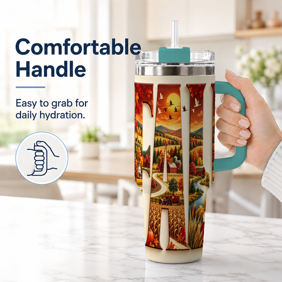 #pl[40oz|Green] Autumn Farm 40oz Tumbler with Handle, Harvest Stainless Steel Travel Cup