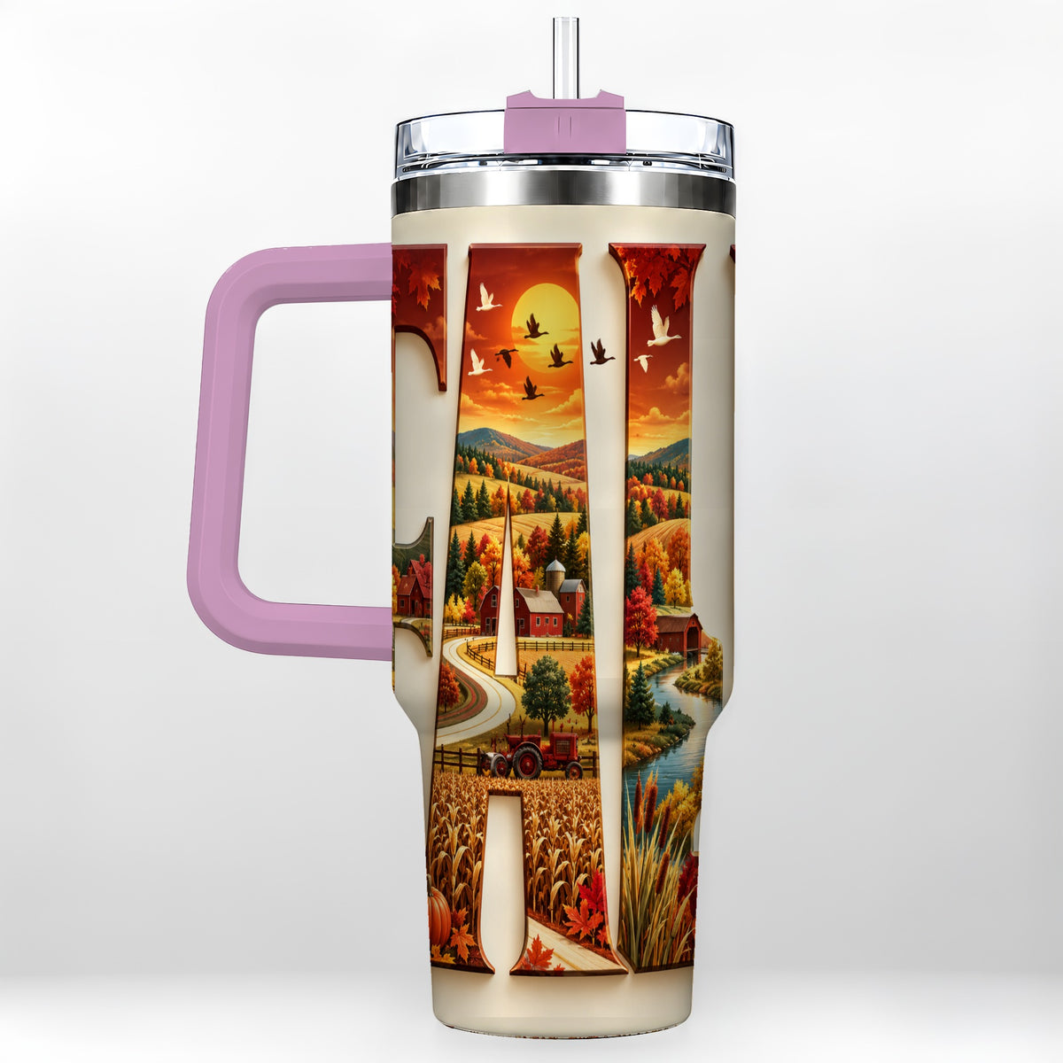 #pl[40oz|Pink] Autumn Farm 40oz Tumbler with Handle, Harvest Stainless Steel Travel Cup