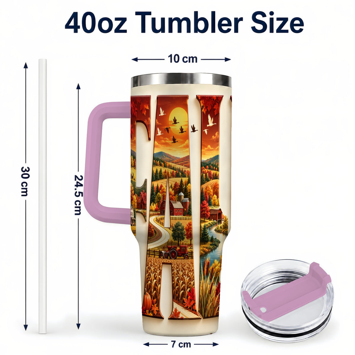 #pl[40oz|Pink] Autumn Farm 40oz Tumbler with Handle, Harvest Stainless Steel Travel Cup
