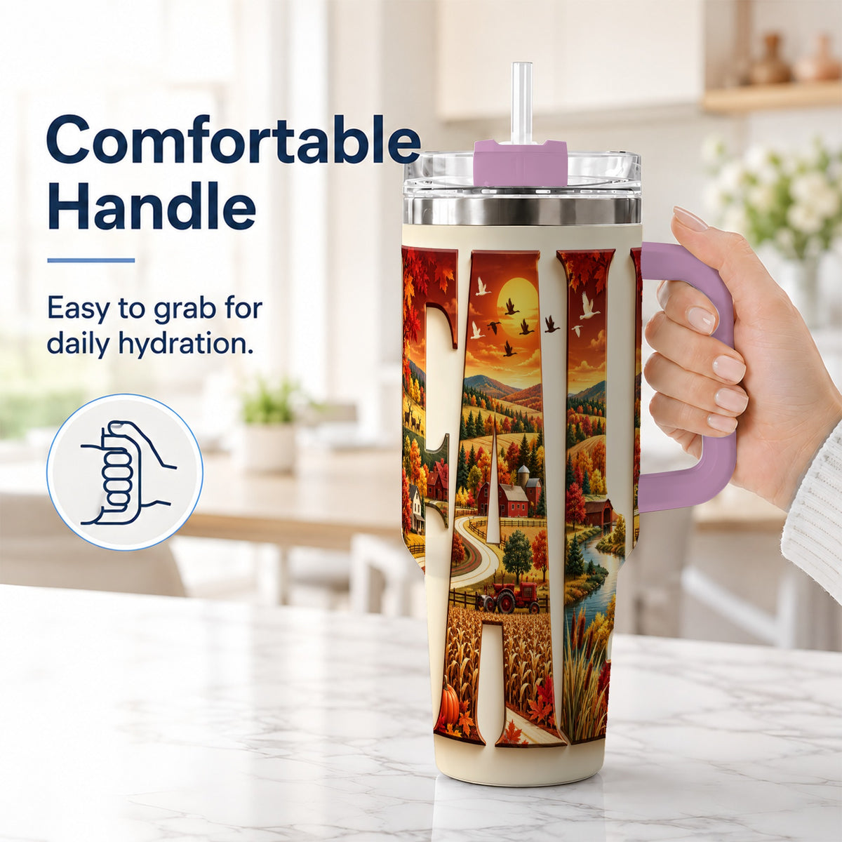 #pl[40oz|Pink] Autumn Farm 40oz Tumbler with Handle, Harvest Stainless Steel Travel Cup
