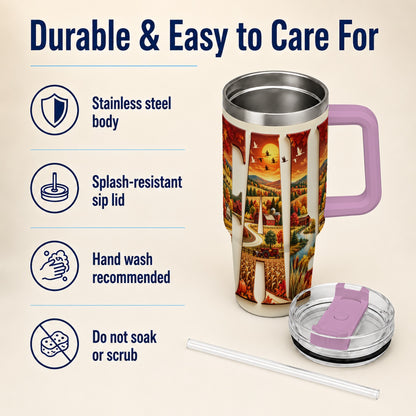 #pl[40oz|Pink] Autumn Farm 40oz Tumbler with Handle, Harvest Stainless Steel Travel Cup