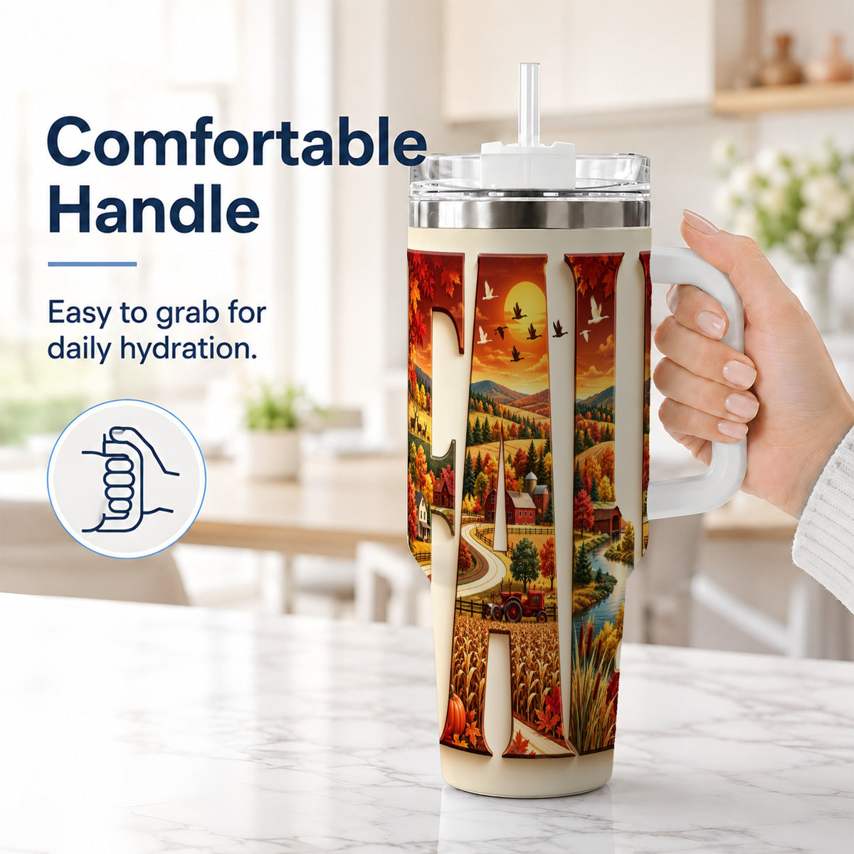 #pl[40oz|White] Autumn Farm 40oz Tumbler with Handle, Harvest Stainless Steel Travel Cup