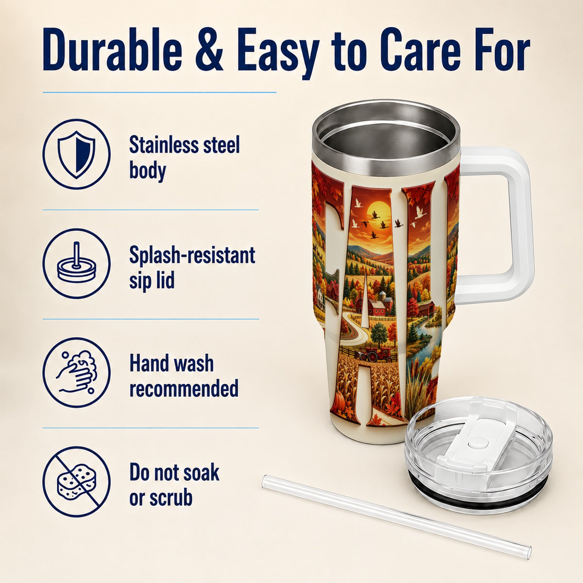 #pl[40oz|White] Autumn Farm 40oz Tumbler with Handle, Harvest Stainless Steel Travel Cup